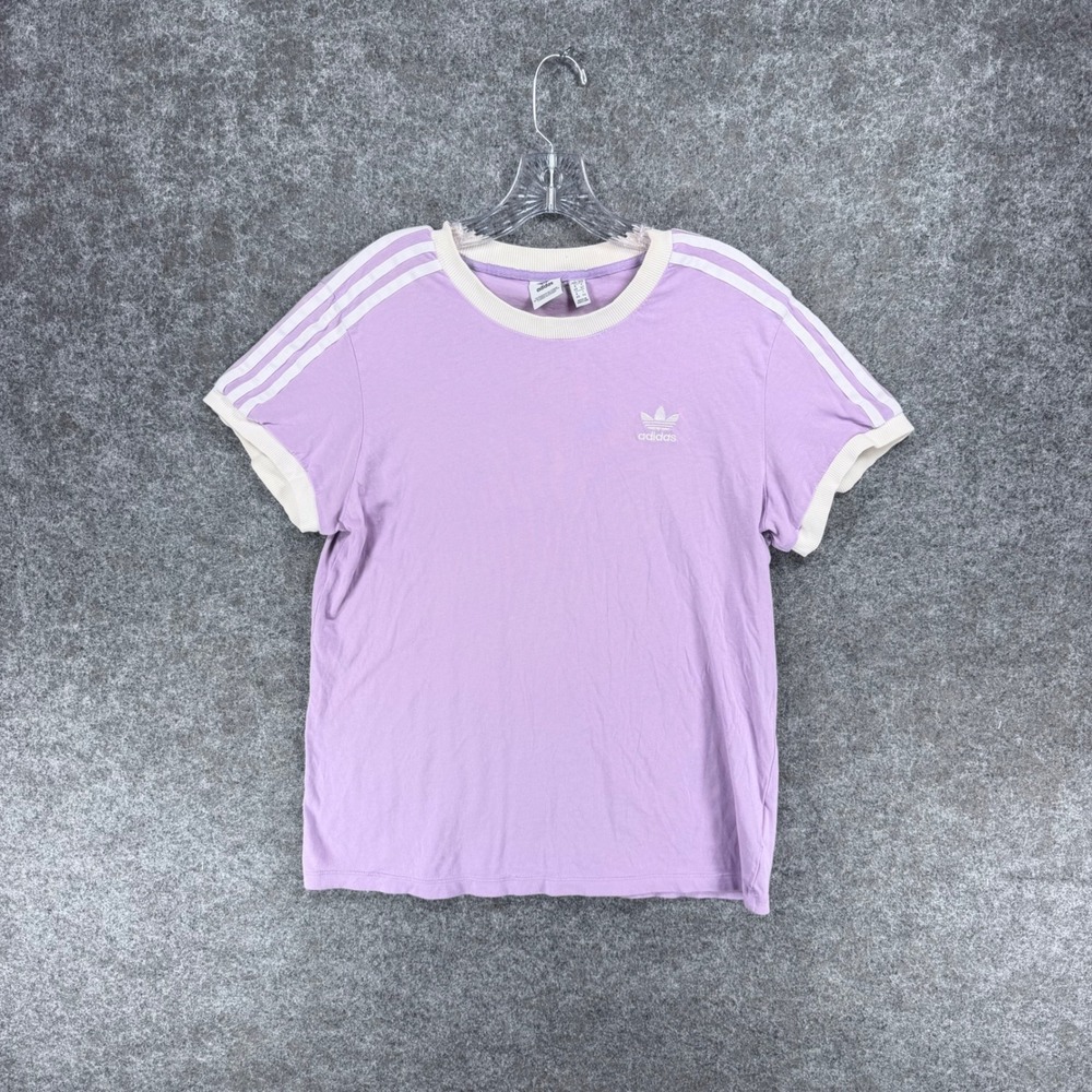 Adidas Originals Women's M Lavender Trefoil 3 Stripe Ringer T Shirt Stains Flaws